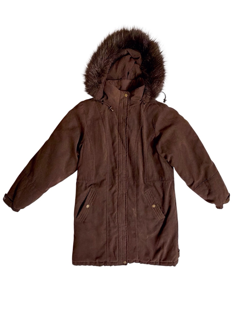 St. John's Bay Brown Hooded Puffer Parka with Faux Fur Trim removable hood EUC